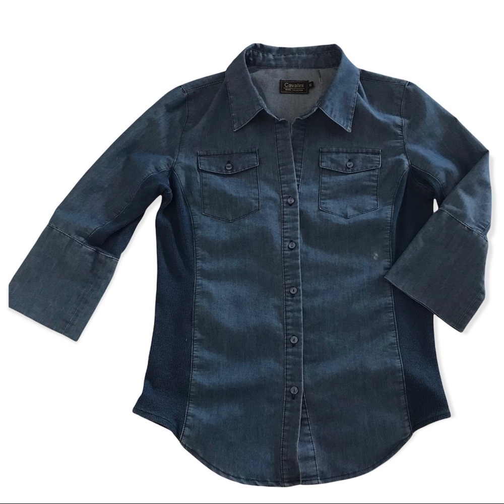 Cavalini Denim Collection Button Down Fitted Shirt Blouse. Size Small